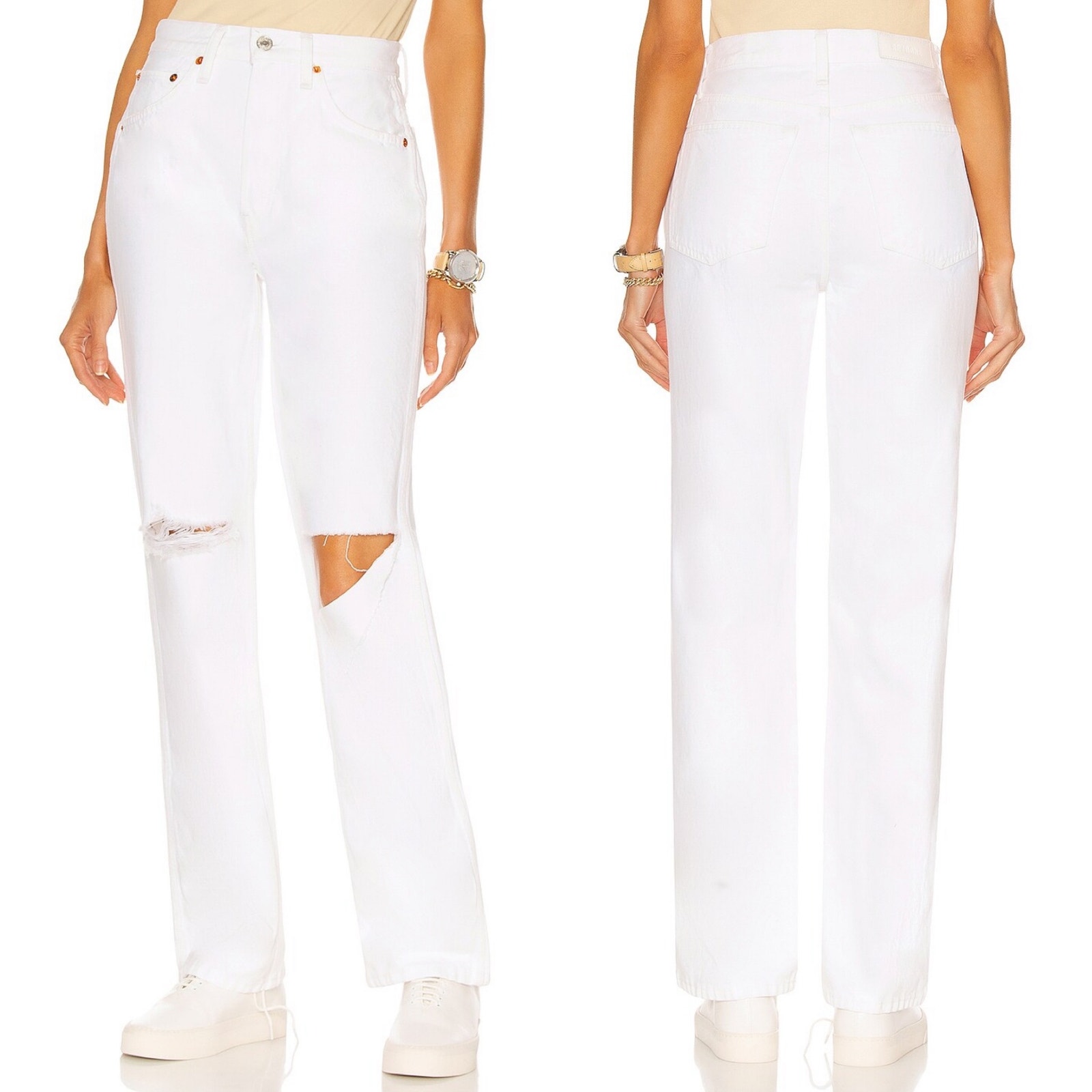 Re/Done High Rise Loose Jeans White With Rips Distressed Size 26
